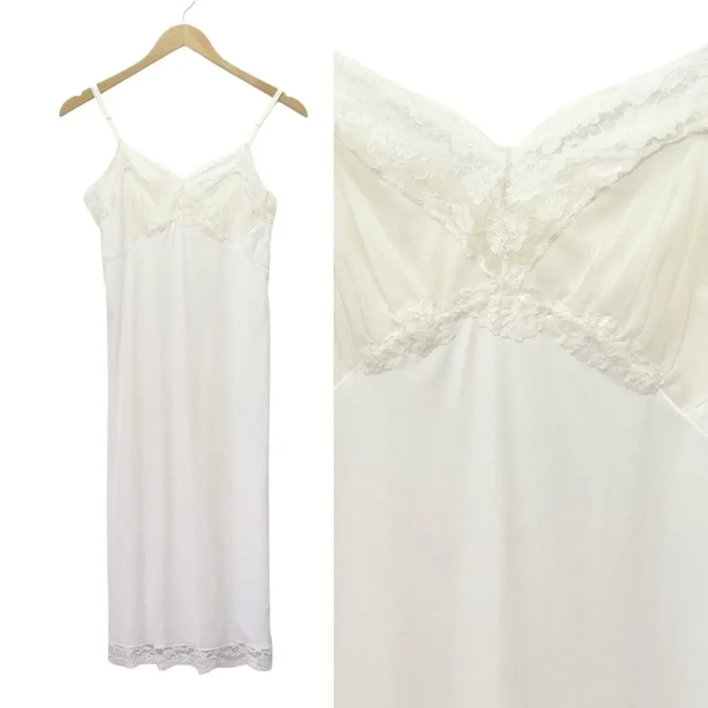 Vintage White Nylon Full Slip Lace Trim Adjustable Straps 1950s Era Lingerie